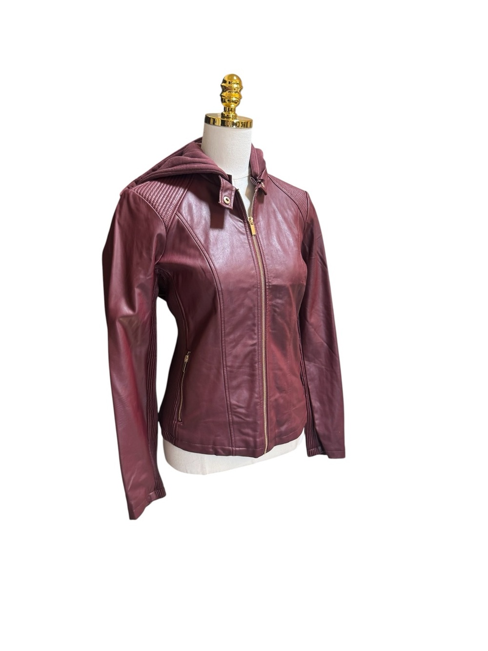 GBG Los Angeles NWT Faux Leather Hooded Moto Jacket Burgundy Women’s Large - Picture 7 of 12